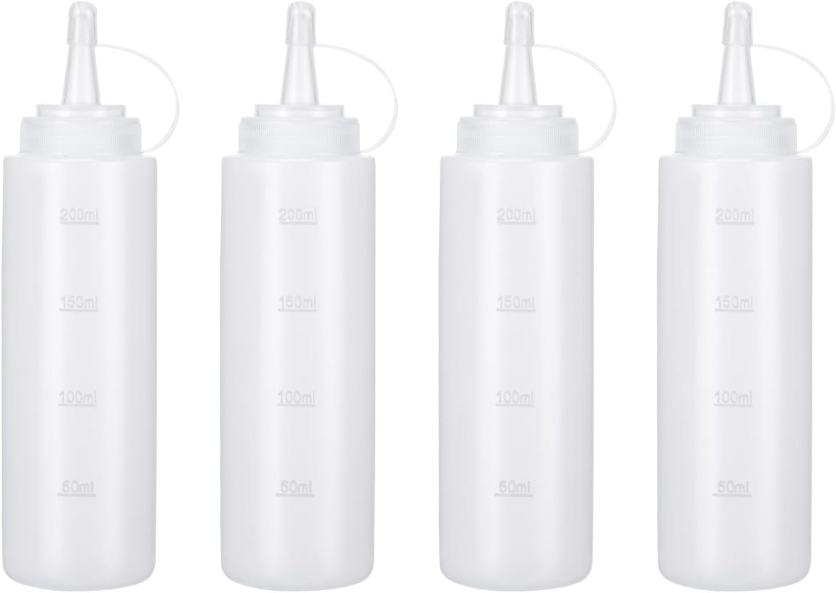 Condiment Squeeze Bottles Ketchup Dispenser, 4 Pack 8oz Squeeze Bottles for Liquids, Plastic Sauce Bottle with Cap Lid, Squirt Bottles for Sauces Liquids BBQ Dressing Pancake Art