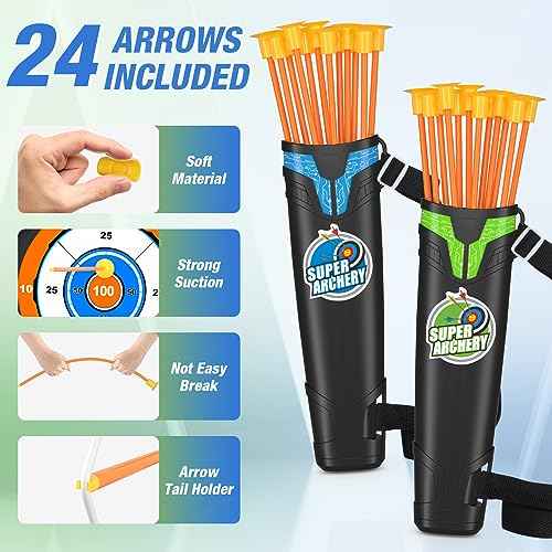 2 Pack Bow and Arrow for Kids, LED Light Up Archery Set with 24 Suction Cup Arrows, 1 Standing Target, 6 Score Targets & 2 Quiver, Indoor Outdoor Sport Gifts for Boys Girls Ages 4-8