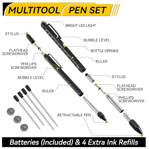 11-in-1 Multitool Pen Set with LED Light, Flathead & Phillips Screwdrivers, Level, Ruler, Bottle Opener, and Stylus, Christmas Stocking Stuffers for Men Adults, Gifts for Him, Husband, Black