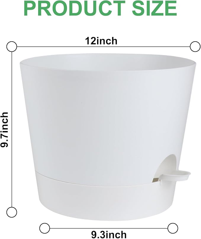YNNICO 12 Inches Indoor Self Watering Planters with Drainage Holes and Saucers, 4 Pack (White)