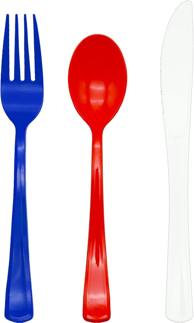 150Pcs 4th of july Plastic Silverware, Red White and Blue Silverware Set Includes 50 Red Spoons, 50 Blue Forks and 50 White Knives for Memorial Day, Flag Day, 4th of July, Veteran's Day