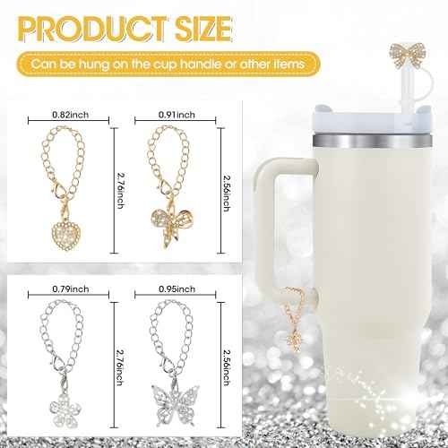 Straw Covers for Stanley Cup Accessories - 10mm 0.4" Straw Lids with Shiny Diamond Bows, Butterflies, and Flowers and Matching Chain Charms for 30 & 40oz tumblers with Handles£¨Gold & Silver)