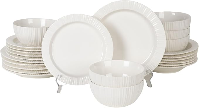 MDZF SWEET HOME 24-Piece White Ceramic Dinnerware Set - Rhine Series, Service for 6, Includes Bowls, Flat & Deep Plates, Microwave & Dishwasher Safe