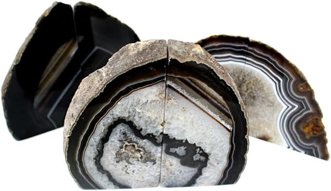 JIC Gem Geode Bookends Large Black Crystal Bookends Decorative Heavy Duty Agate Book Ends for Shelves 1 Pair 4 to 6 LBS with Rubber Bumpers