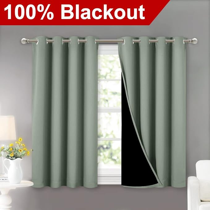 NICETOWN Greyish Green 100% Blackout Curtains 45 inches Long, 2 Thick Layers