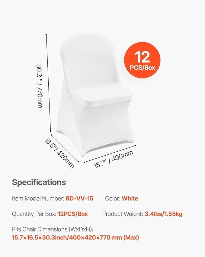 VEVOR White Stretch Spandex Chair Covers - 12 PCS, Folding Kitchen Chairs Cover, Universal Washable Slipcovers Protector, Removable Chair Seat Covers, for Wedding Party Dining Room Banquet Event