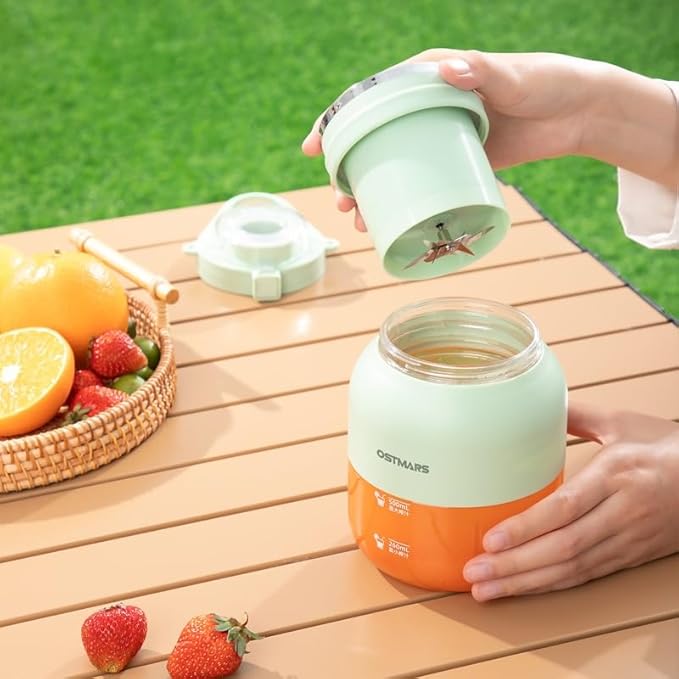 OSTMARS Portable Fruit Blender, Automatic Mini Juicer Cup, Mint Green and Yellow, 500mL Capacity