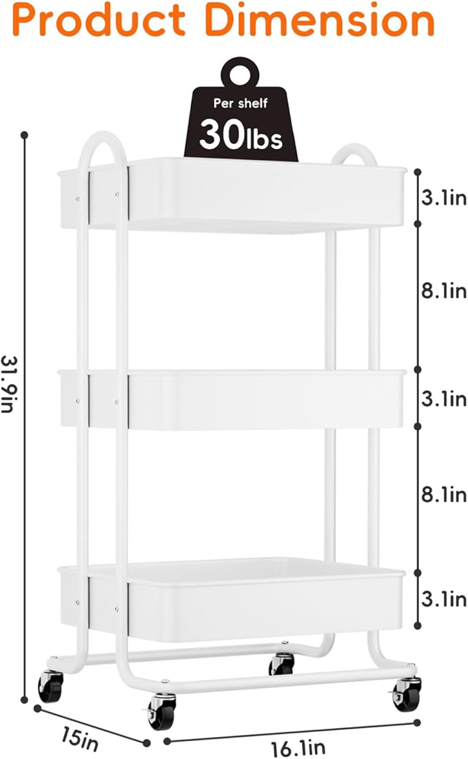 3 Tier Metal Rolling Utility Cart Organizer, Cleaning Supplies Carts with Lockable Wheels, Hanging Cups, Baskets, Mop Holder Hooks, Kitchen Storage Trolley Cart Laundry Garage Bathroom, White