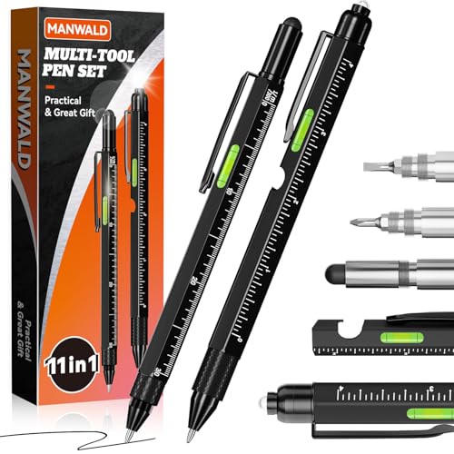 11-in-1 Multitool Pen Set with LED Light, Flathead & Phillips Screwdrivers, Level, Ruler, Bottle Opener, and Stylus, Christmas Stocking Stuffers for Men Adults, Gifts for Him, Husband, Black