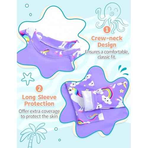 TENVDA Girls Rash Guard Swimsuit Long Sleeve Bathing Suits with Shorts for 3-12 Years Old Kids