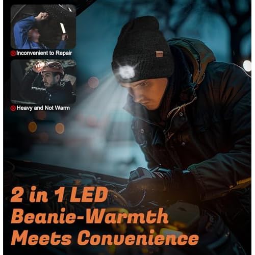 YunTuo Fleece Lined Beanie Headlamp Hat with Light, Rechargeable LED Winter Cap, Gifts for Men Women Husband
