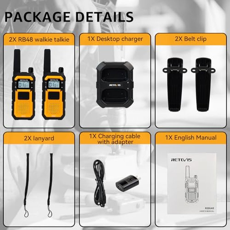 Retevis RB48 FRS Walkie Talkies Long Range, Rugged & IP67 Waterproof & Floating, Mil-Standards 810H Two Way Radio, Heavy-Duty, NOAA, Rechargeable, 20hr Battery, Emergency Radio(2 Pack)