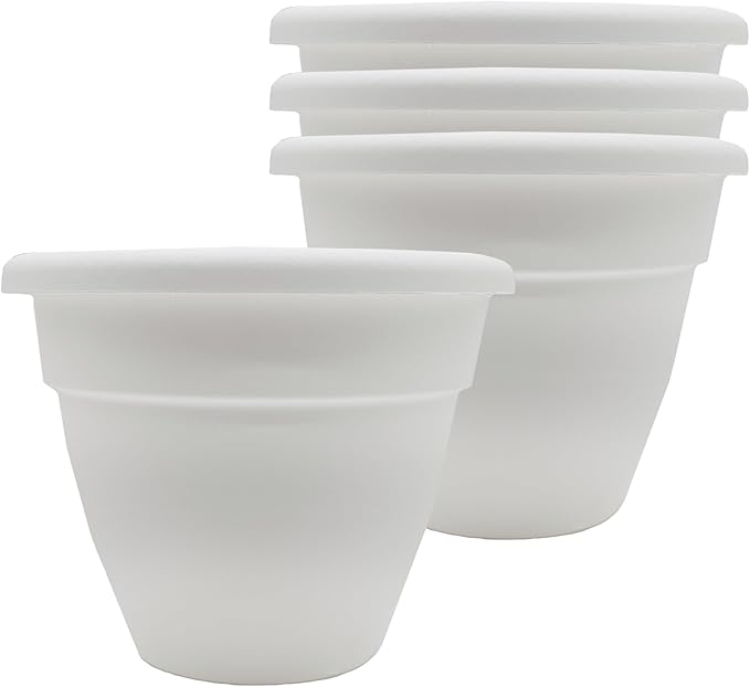 The HC Companies 6 Inch Caribbean Planter Pots with Drainage & Plug, Rolled Rim Plastic Planters for Indoor & Outdoor Plants, 4-Pack Decorative Flower Pots for Garden, Office & Home Decor, White