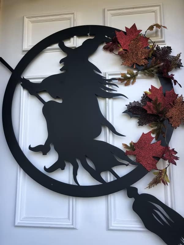 RealSteel Witch Halloween Decoration - Metal Broom Riding Décor - Scary Indoor Outdoor Wall Sign for Haunted Houses - Wicked Witch Flying Porch Art - Flying Bats Front Door Art (12, Orange)