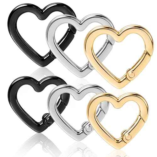 6 Pcs Heart Carabiner, Small Carabiner Keychain Clip, Cute Heart Shaped Carabiner, Key Ring for Camping Accessories, Backpack Water Bottle Zinc Alloy Accessory (Gold, Silver, Black)