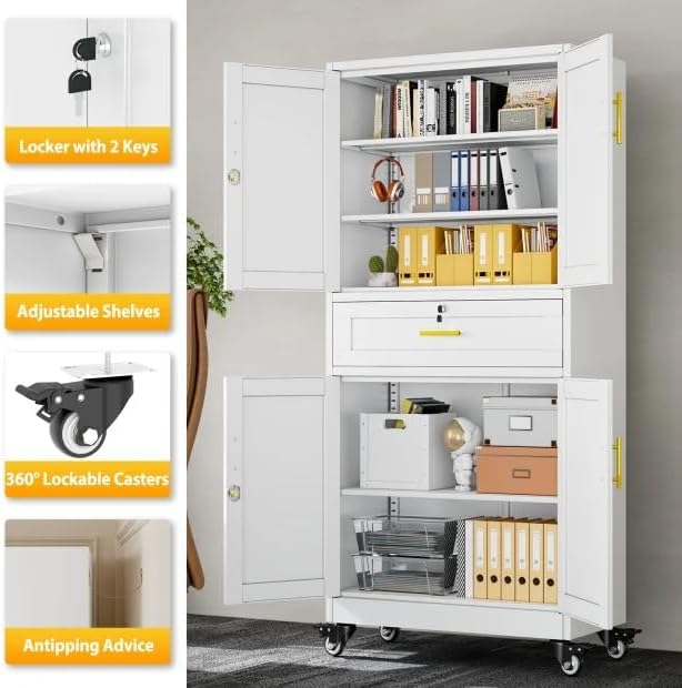 Metal Tall Storage Cabinet with Drawer, Garage Storage Cabinet with Locking Doors and 3 Adjustable Shelves, 71" H Steel Cabinets for Garage, Home, Office, White, Assembly Required