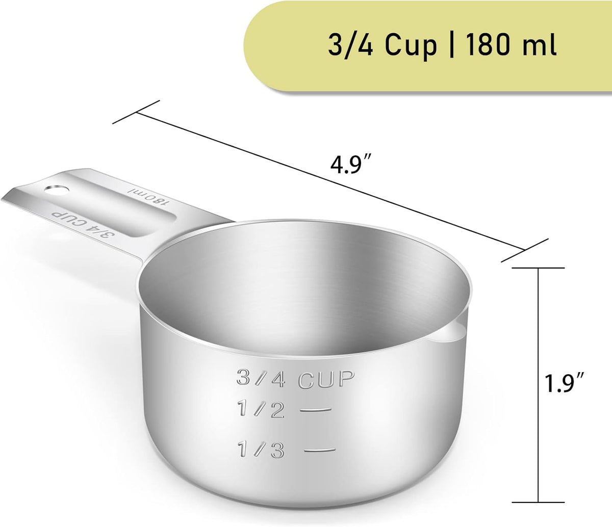 2PCS 3/4Cup (180ml, 6oz) Single Measuring Cup, Stainless Steel Measure Scoop, Metric and US Measurement, Dishwasher Safe