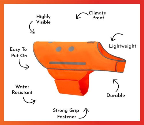 High Visibility Reflective Dog Vest - Easy Fastening, Orange, Sizes XS-XXL