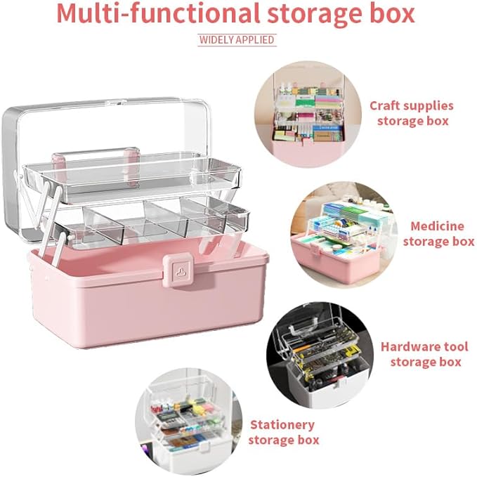 12.9in Three-Layer Multipurpose Storage Box with Handle Portable Tackle Box Folding Art & Craft Case Sewing Supplies Organizer for Makeup, Medicine, Nail, Hair Accessories (White)