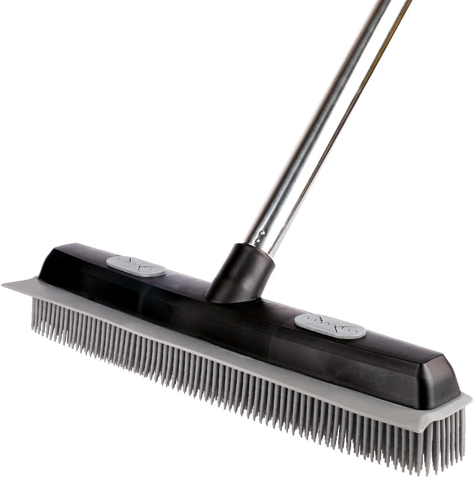 Pet Hair Rubber Broom with Carpet Rake and Squeegee, 2 in 1 Floor Brush for Carpet, 58 inch Adjustable Handle,Silicone Broom Black