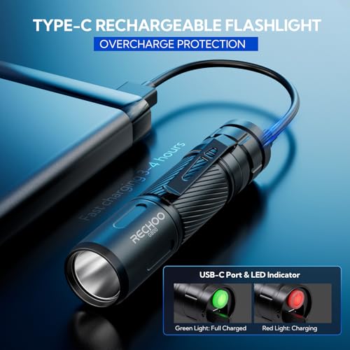 RECHOO Flashlight Rechargeable 2 Pack, 500 Lumens, 3 Lighting Modes & Zoomable, Small Tactical Torch Light for EDC and Emergency, Water Resistant, Duable, Included Pocket Clip & Lanyard