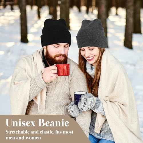 2 Pack Unisex Beanie for Men Women, Slouchy Cuffed Winter Beanie Hats, Soft Warm Knit Beanies Skull Cap Ski Hats- Black, Gray