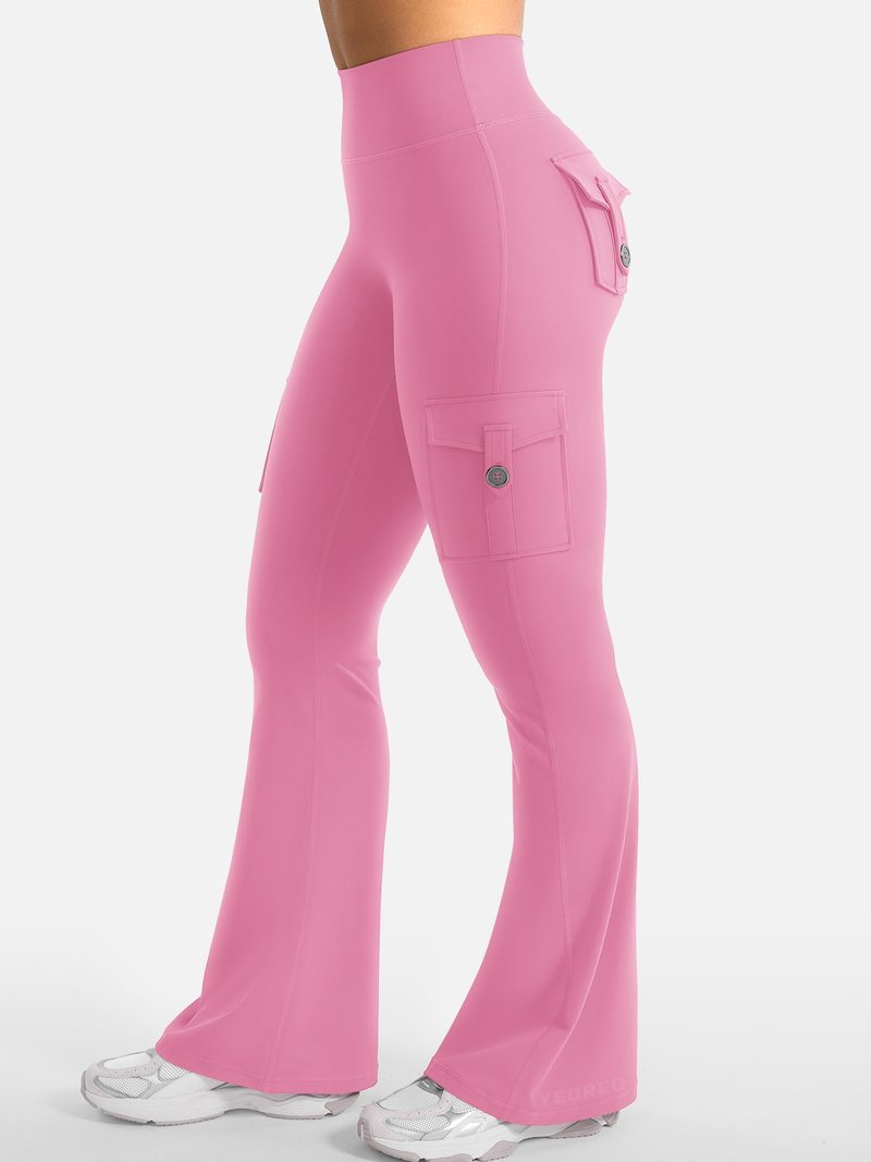 YEOREO CoreFlex Women Workout Flare Leggings with Pockets Hidden Scrunch High Waisted Cargo Gym Yoga Leggings Pink XXL