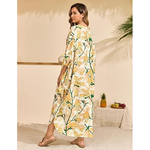 MAKABO Kaftan Dresses for Women, Summer Hawaii Swimsuit Cover Up, V Neck Caftan Beach Vacation Print Dress
