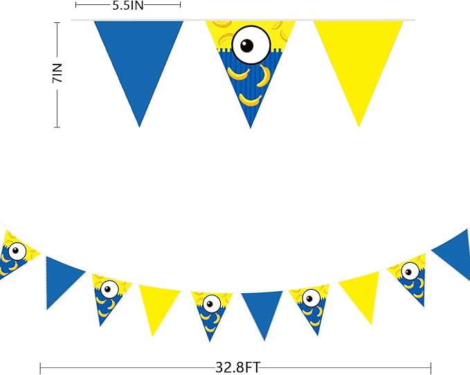 32Ft Yellow Blue Cartoon Party Decorations Blue Yellow Big Eyes Banana Triangle Flag Fabric Banner Pennant Garland Streamers for Cartoon Birthday Baby Shower Big Eyes Movie Party Decor Supplies