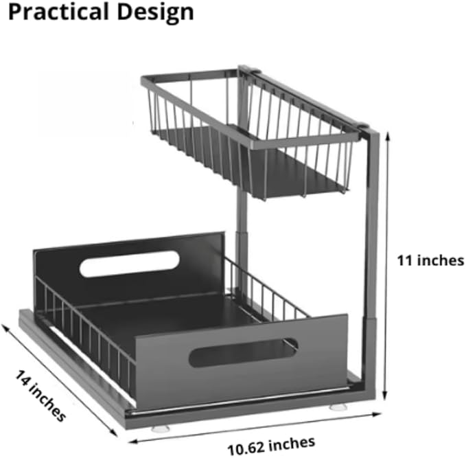 Under Sink Organizer 2-Pack – Sliding 2-Tier Metal Storage Rack, Pull-Out Cabinet Shelf for Kitchen, Bathroom, Cleaning Supplies & Toiletries.