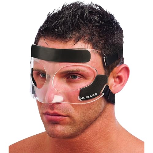 MUELLER Sports Medicine Face Mask for Men & Women, Adjustable Clear Face Guard, Nose & Cheek Protection for Basketball & Cosmetic Procedures, Shatterproof with Foam Padding, One Size