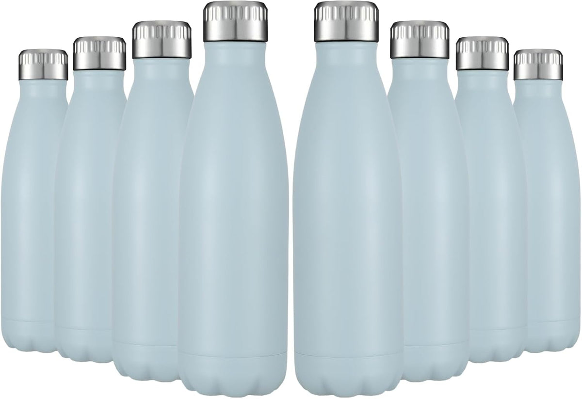 HASLE OUTFITTERS 17oz Stainless Steel Water Bottles Bulk, Vacuum Insulated Water Bottles Double Walled Reusable Metal Sports Water Bottles Keep Drinks Hot and Cold, Light Blue, 8Packs