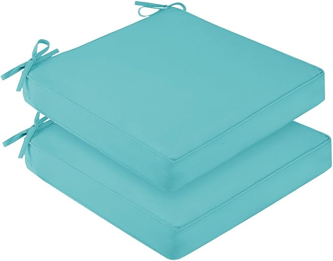 downluxe Waterproof Outdoor Chair Cushions for Patio Furniture, 24" x 24" x 4" Patio Chair Cushion with Adjustable Ties & Portable Handle, Square Outdoor Cushion with Removable Cover, Teal, 2 Pack