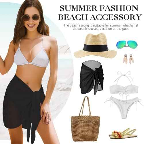 2pcs Beach Cover Up for Women, Chiffon Sarong Swimsuit Coverup for Pool, Summer Resort Wear Black White
