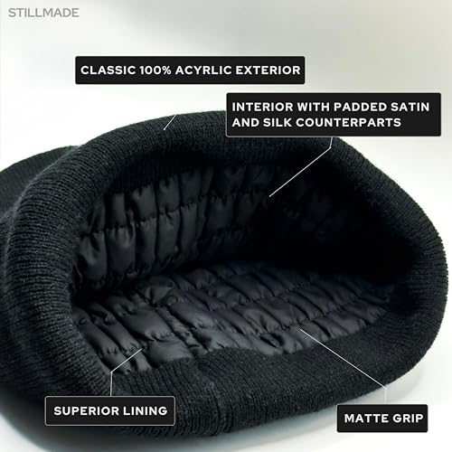 Padded Silk-Satin-Lined Beanie ? Prevents Breakage & Frizz, Reduces Scalp Irritation, All-Day Wear & Hair Friendly, Warm Acrylic Knit Winter Hat for Woman & Men ? Cuffed Style Black
