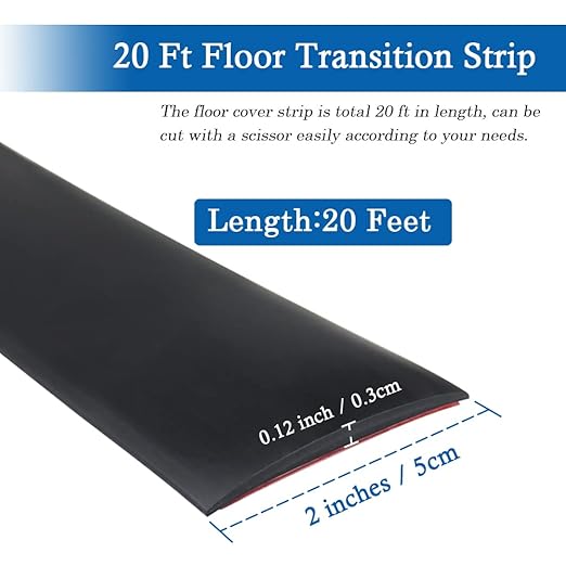 Floor Transition Strip Self Adhesive Floor Cover Strips Laminate 2" Wide Vinyl Flat Divider Transitions (5cm, 20Ft, Black)