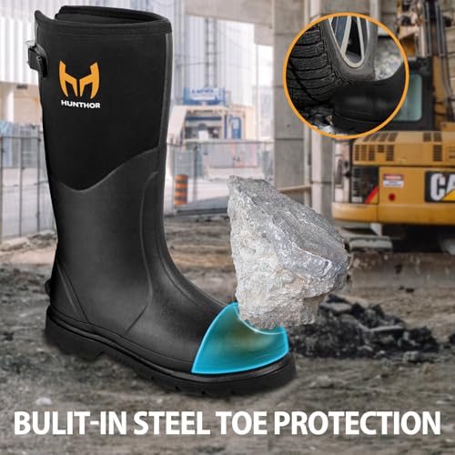 Rubber Work Boots, Puncture-Proof with Steel Toe & Shank, Waterproof Insulated 6mm Neoprene Hunting Boots for Farming, Construction, Gardening, Fishing, Outdoor Work (Size 6-14)