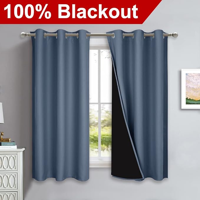 NICETOWN 100% Blackout Window Curtain Panels, Stone Blue, 2 Pieces, Heat and