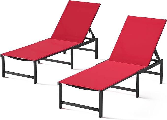 Patio Lounge Chair, Aluminum, 5 Adjustable Backrest, 2 Piece,Red | Lightweight rustproof aluminum.5 adjustable backrest positions.Breathable quick-dry fabric.For poolside,beach,lawn,backyard.