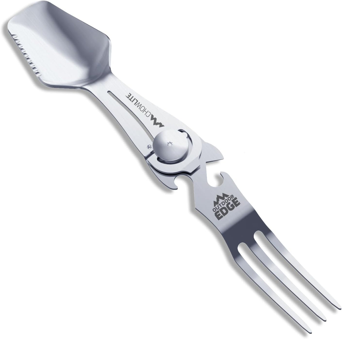 OUTDOOR EDGE Chowlite - Mealtime Multitool with Folding/Locking Fork, Spoon, Bottle Opener, Can Opener and Screwdriver - 100% Stainless Steel - Perfect for Camping, Hiking, Backpacking and Hunting