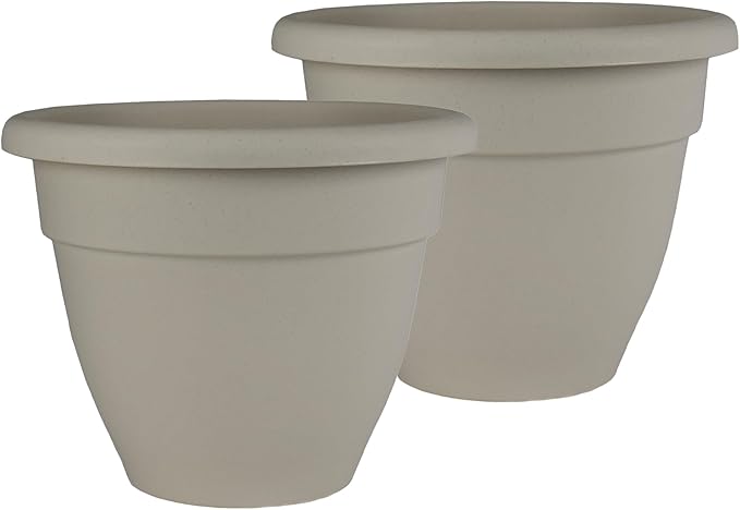 The HC Companies 12 Inch Caribbean Planter Pots w/Drainage & Plug, Rolled Rim Plastic Planters for Indoor Outdoor Plants, 2-Pack Decorative Flower Pots for Garden, Office & Home Decor, Cottage Stone