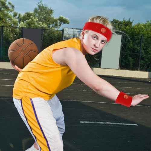 6 Pcs Sweatband Set, Including 4 Moisture Wicking Athletic Wristband and 2 Headbands Wrist Sweatband Sports Terry Cloth Sweat Absorbing Head Band for Workout for Kids Teens