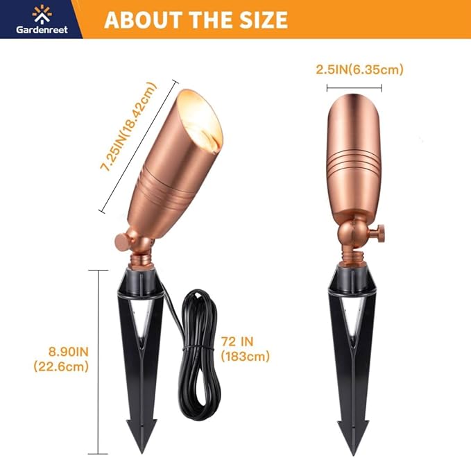 Spot Light Brass - Outdoor Landscape Spotlights LED, 12V Low Voltage Landscaping Uplights Bright, Hard-Wired All Weather Copper for Backyard Lawn with No Bulbs (8 Pack)