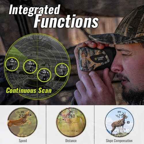 TIDEWE Hunting Rangefinder with Rechargeable Battery, 700/1000Y Camo Laser Range Finder 6X Magnification, Distance/Angle/Speed/Scan Multi Functional Water-Resistant Rangefinder with Case