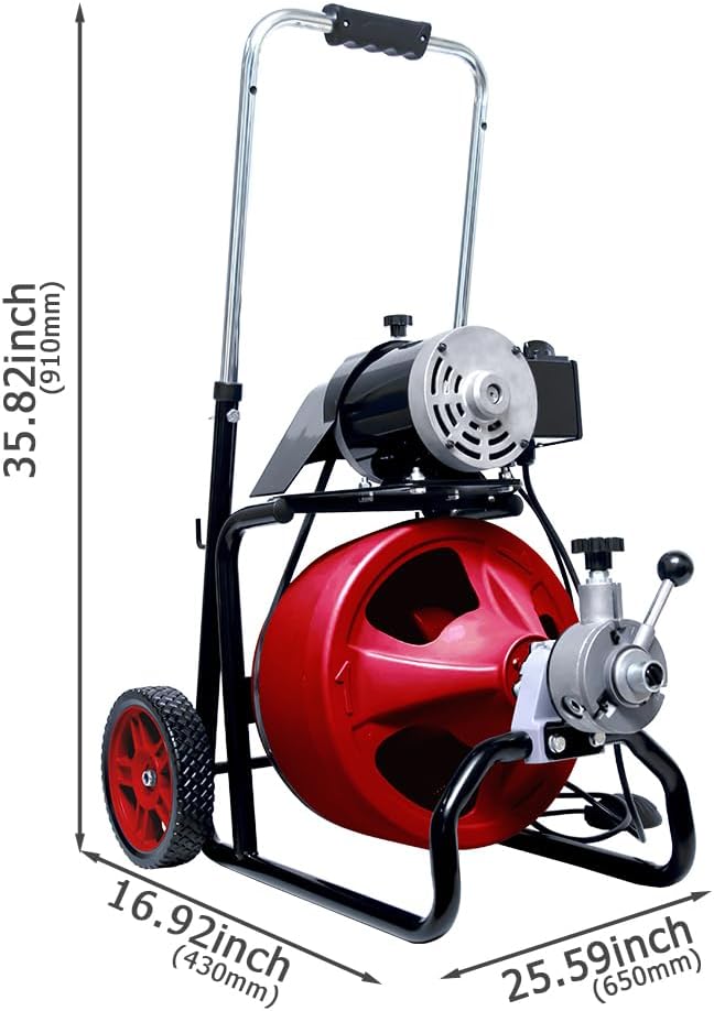 Drain Cleaner Machine 50FT x 3/8 Inch, Auto Feed Sewer Snake Drain Auger - Electric Drain Cleaning Machine Fits 1-1/4 Inch to 2 Inch Pipes, Portable Drain Auger Cleaner with 8 Cutters