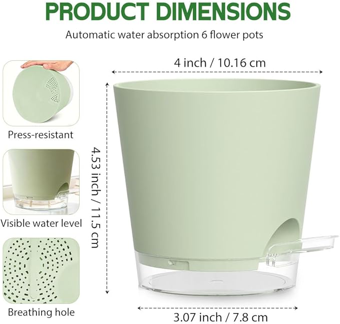 Self Watering Pots for Plants, 2026 New Flower Plant Pots with Drainage Holes, Wicking and Clear Reservoirs for Succulent, Aloe, Cacti and Others - 6 Pack (Green, 4")