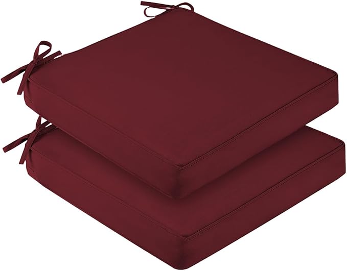 downluxe Waterproof Outdoor Chair Cushions for Patio Furniture, 18" x 18" x 2" Patio Chair Cushion with Adjustable Ties & Portable Handle, Square Outdoor Cushion with Removable Cover, Burgundy, 2 Pack