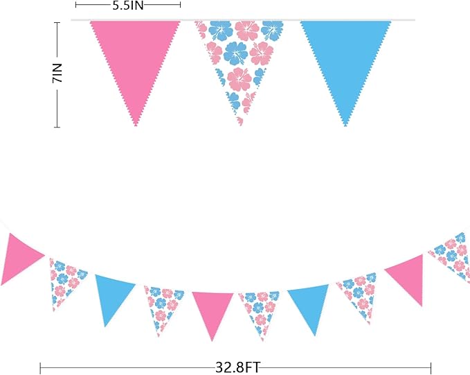 32Ft Cartoon Birthday Party Decorations Pink Blue Hawaiian Hibiscus Flower Triangle Flag Pennant Banner Fabric Garland Streamer for Luau Hawaii Tropical Ohana Baby Shower Gender Reveal Summer Decor