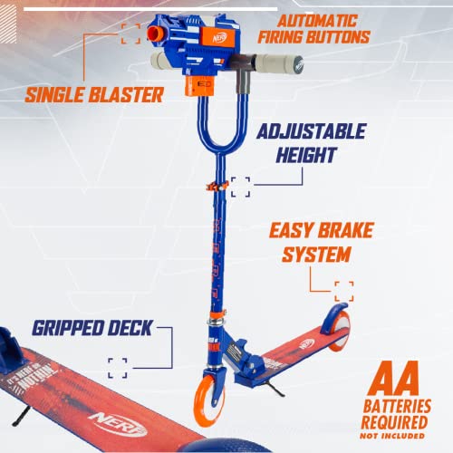 NERF Kick Scooter for Kids, Dual Barrel Blaster Fires Up to 40 Feet, Supports Up to 150lbs, Rear Brake, Sturdy Steel Frame, Wide Surface Textured Molded Deck, Outdoor Activities for Boys/Girls
