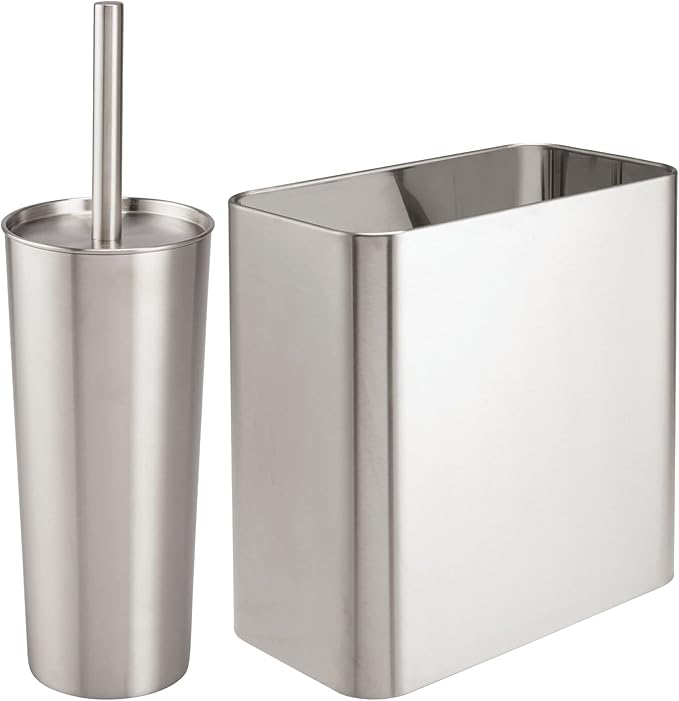 mDesign Modern Compact Freestanding MetalToilet Bowl Brush and Rectangle Open Wastebasket Garbage Can Combo Set for Bathroom Storage - Sturdy, Deep Cleaning - Set of 2 - Stainless Steel